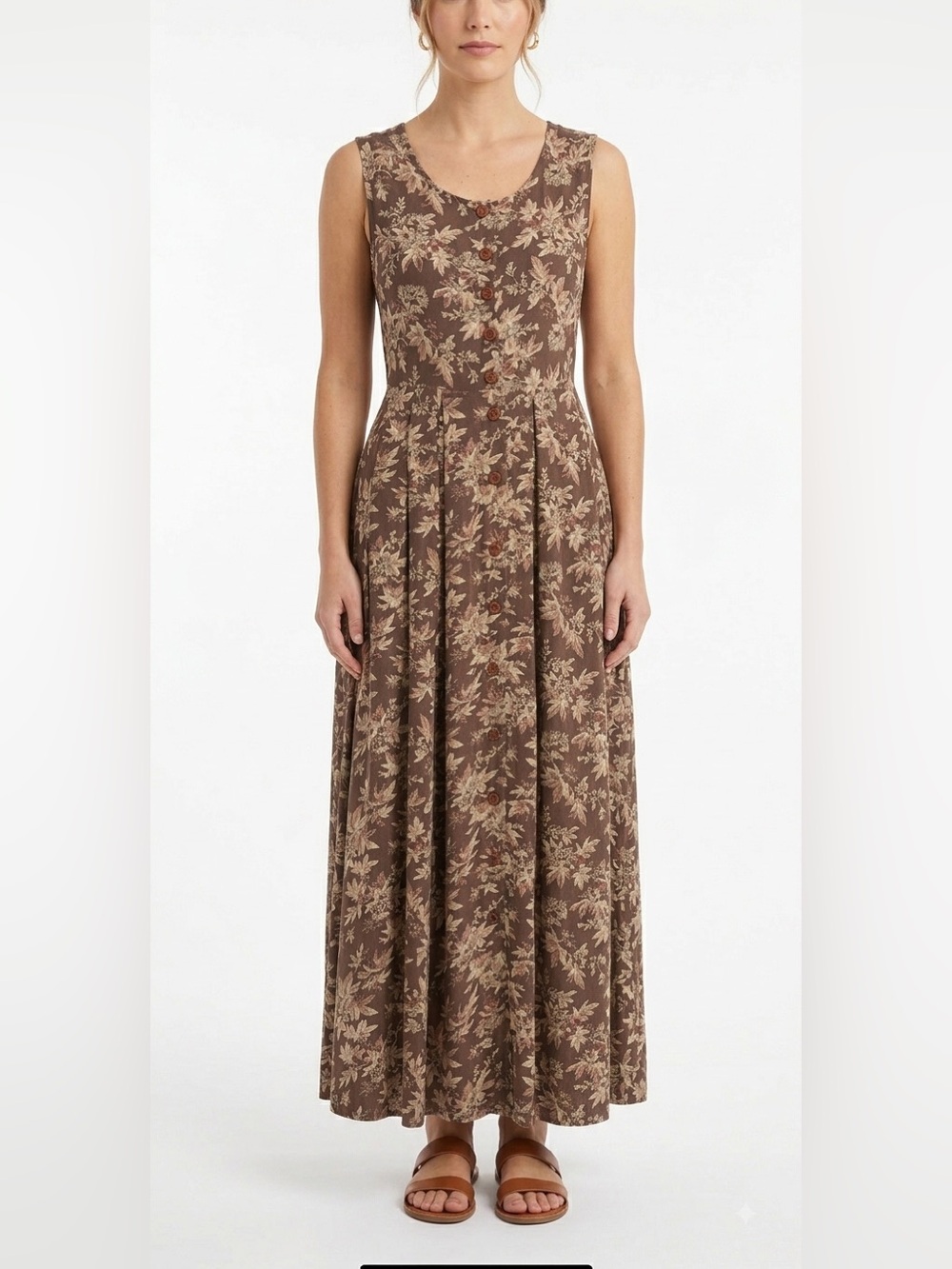 Vtg 90s April Cornell Floral Maxi Dress XS Brown Rayon Tie Back